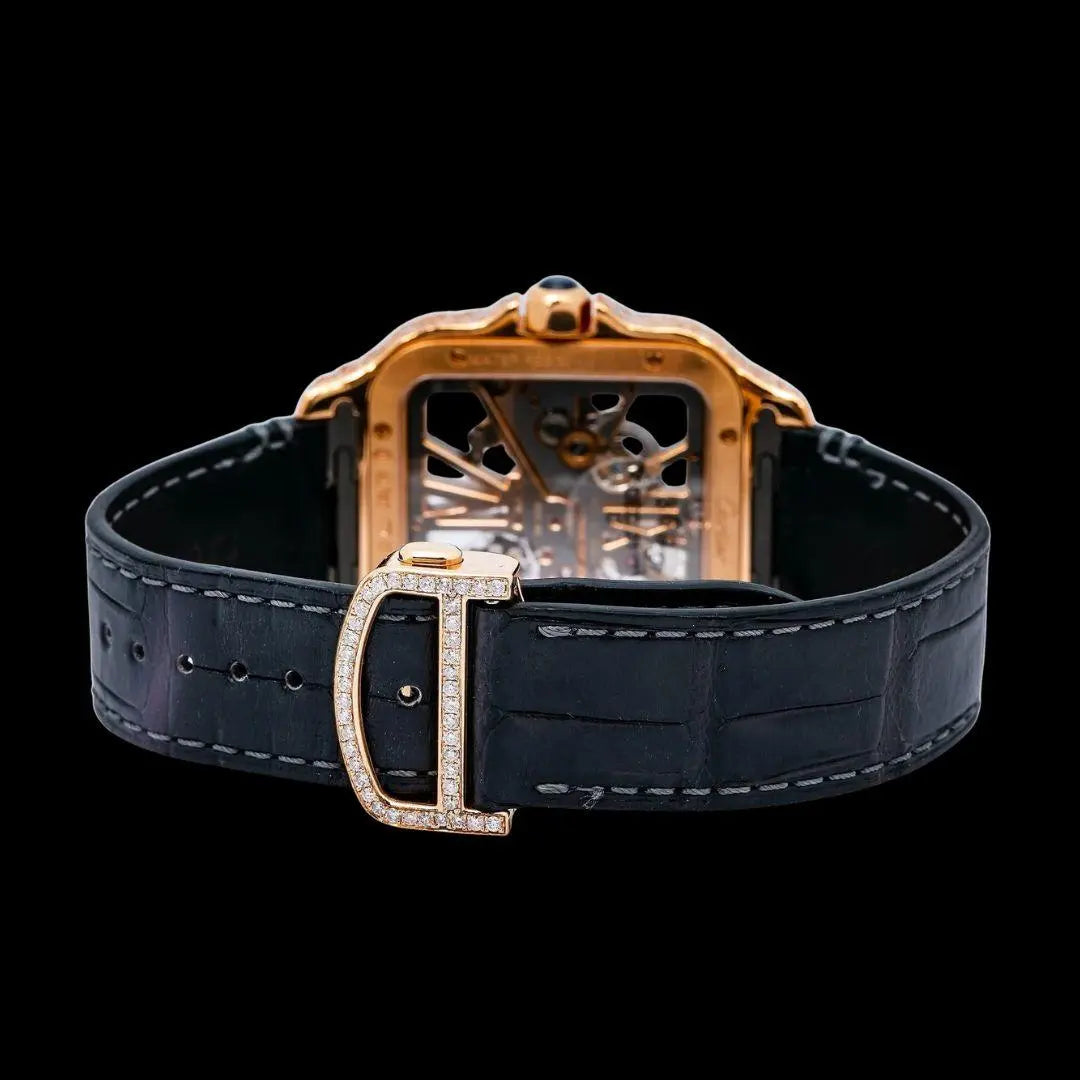 Cartier Santos Skeleton Roman Dial Yellow Gold Semi Iced Out Leather Strap Moissanite Watch Caseback View