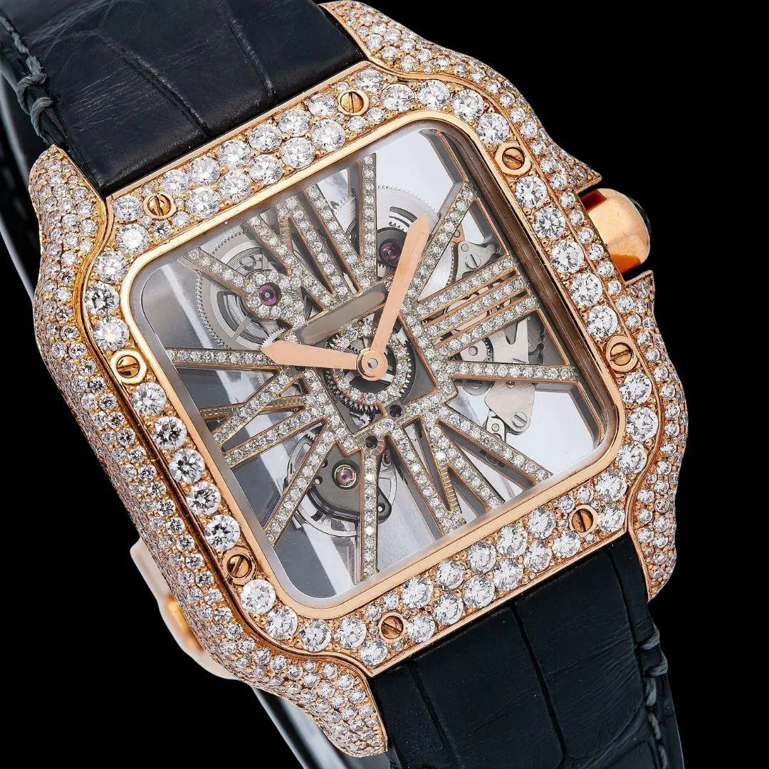 Cartier Santos Skeleton Roman Dial Yellow Gold Semi Iced Out Leather Strap Moissanite Watch Close Up Dial View