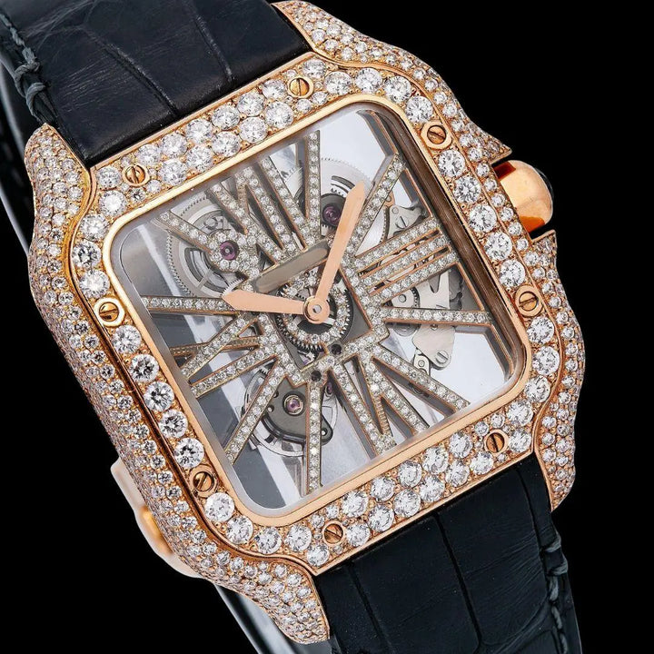 Cartier Santos Skeleton Roman Dial Yellow Gold Semi Iced Out Leather Strap Moissanite Watch Close Up Dial View