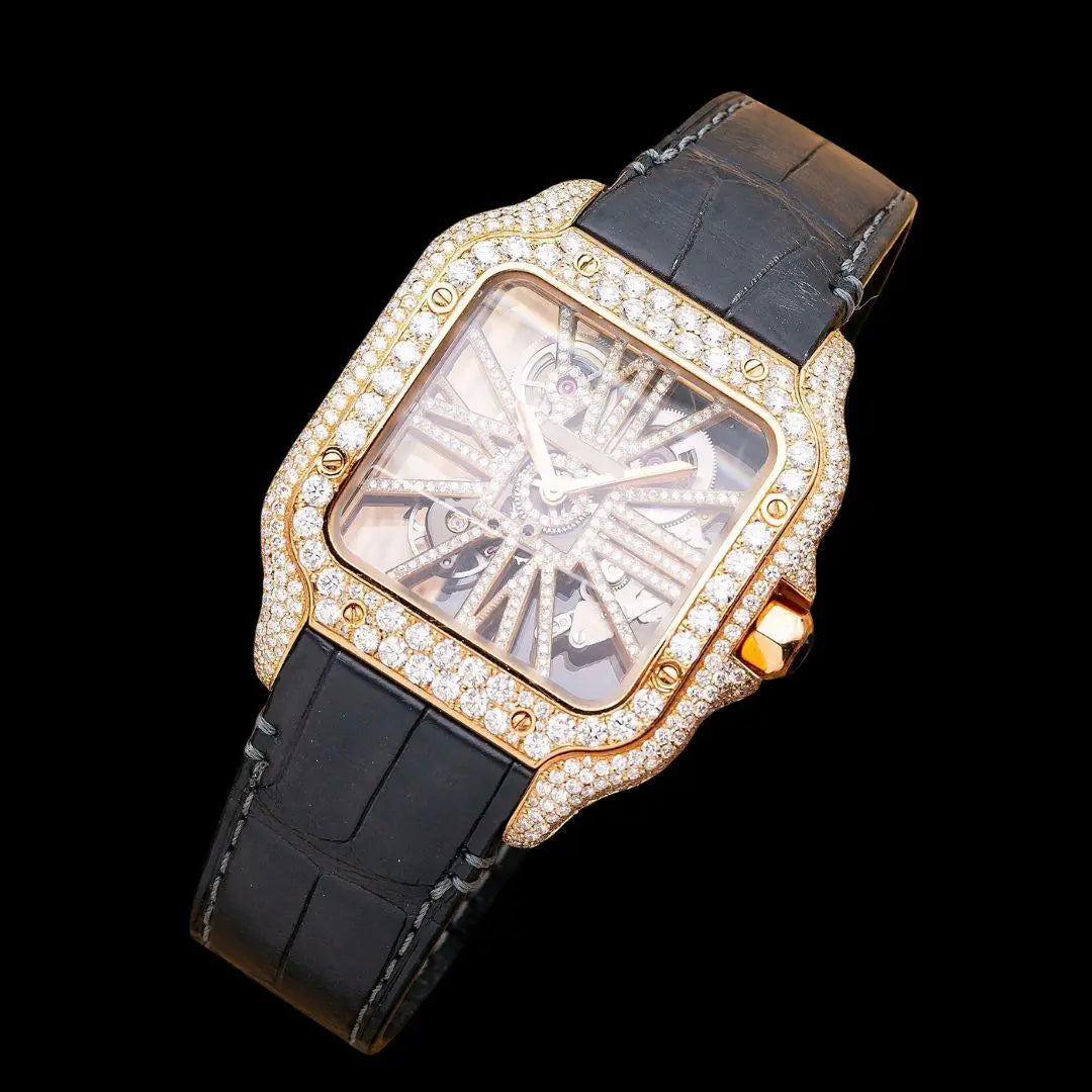 Cartier Santos Skeleton Roman Dial Yellow Gold Semi Iced Out Leather Strap Moissanite Watch Close Up Front View