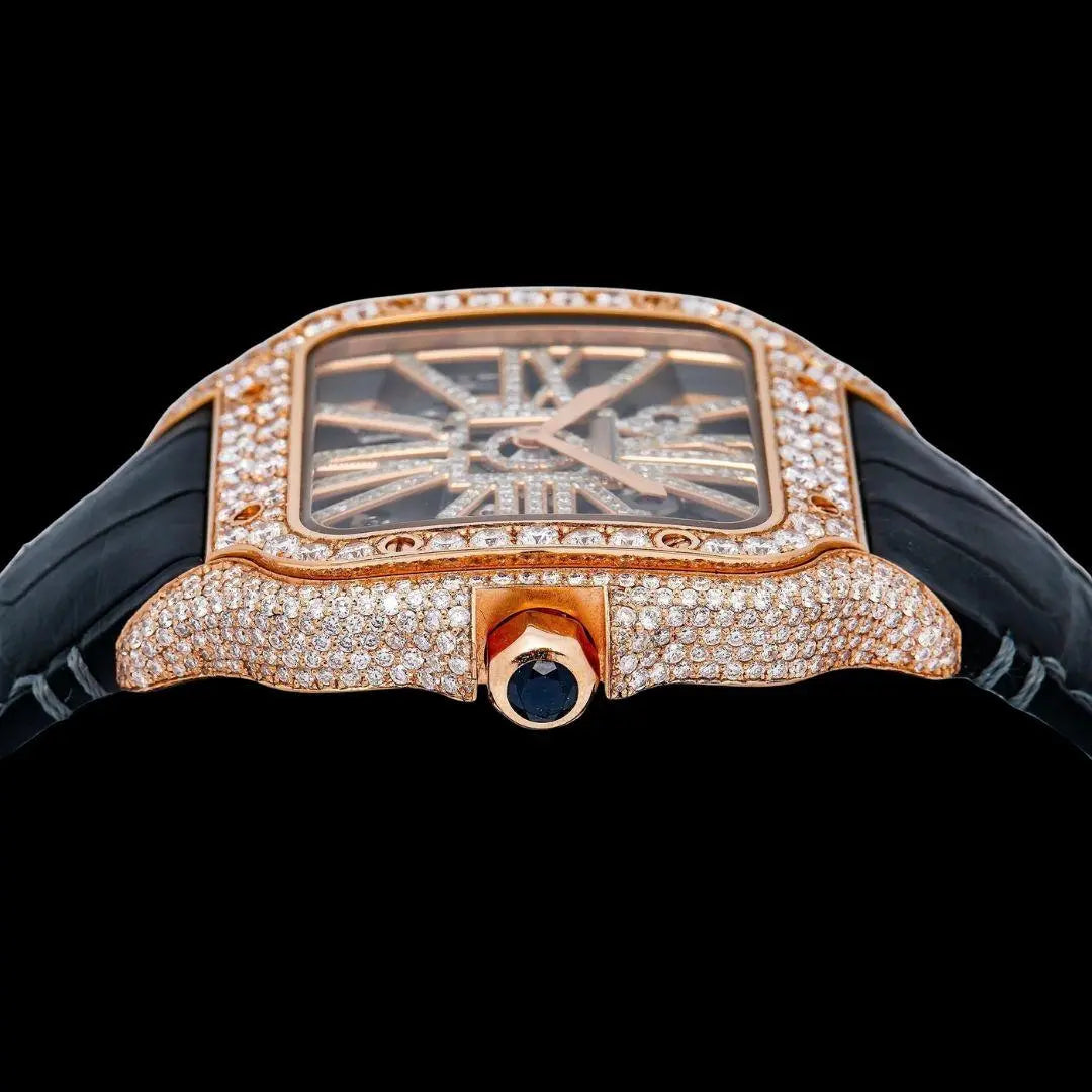 Cartier Santos Skeleton Roman Dial Yellow Gold Semi Iced Out Leather Strap Moissanite Watch Crown View