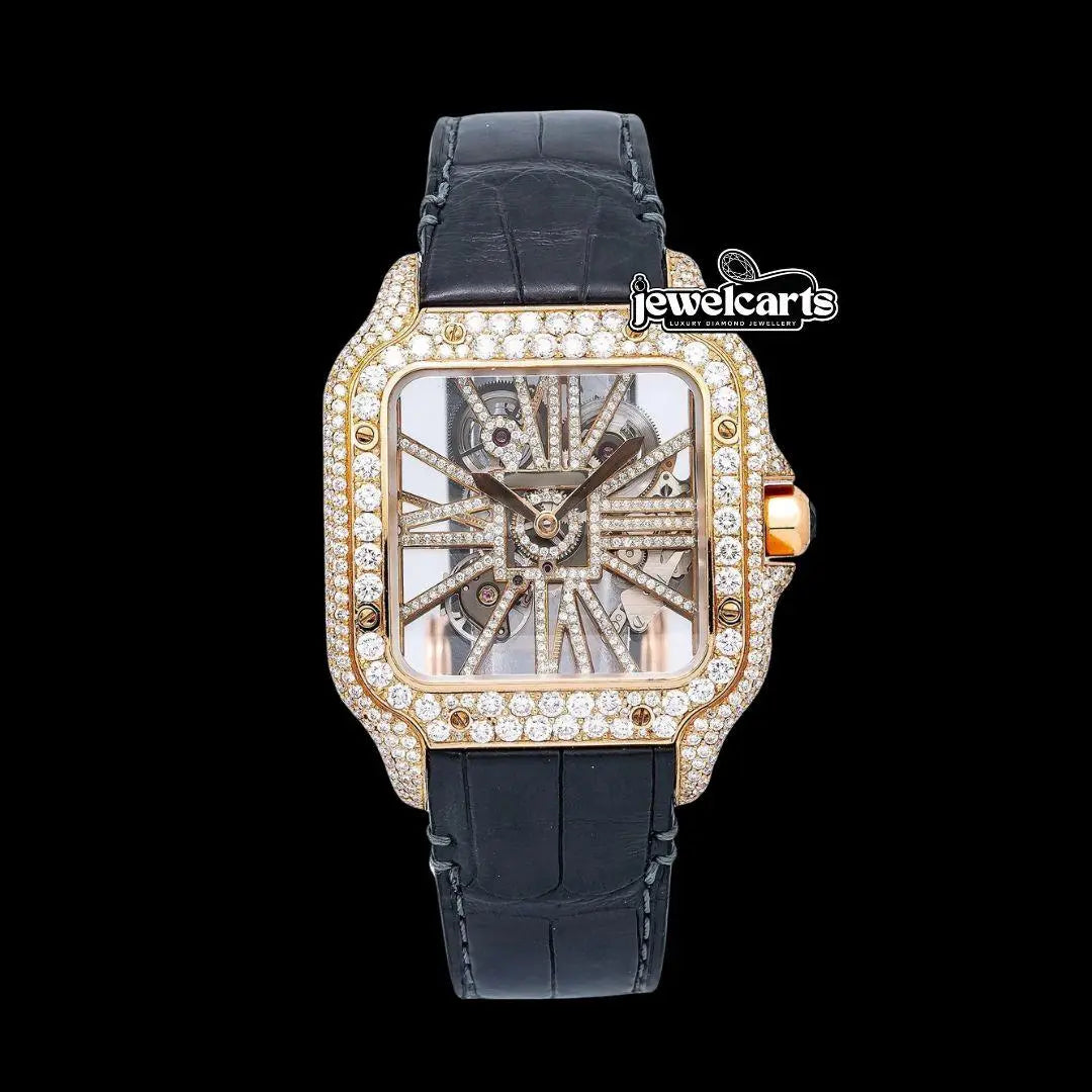 Cartier Santos Skeleton Roman Dial Yellow Gold Semi Iced Out Leather Strap Moissanite Watch Front View