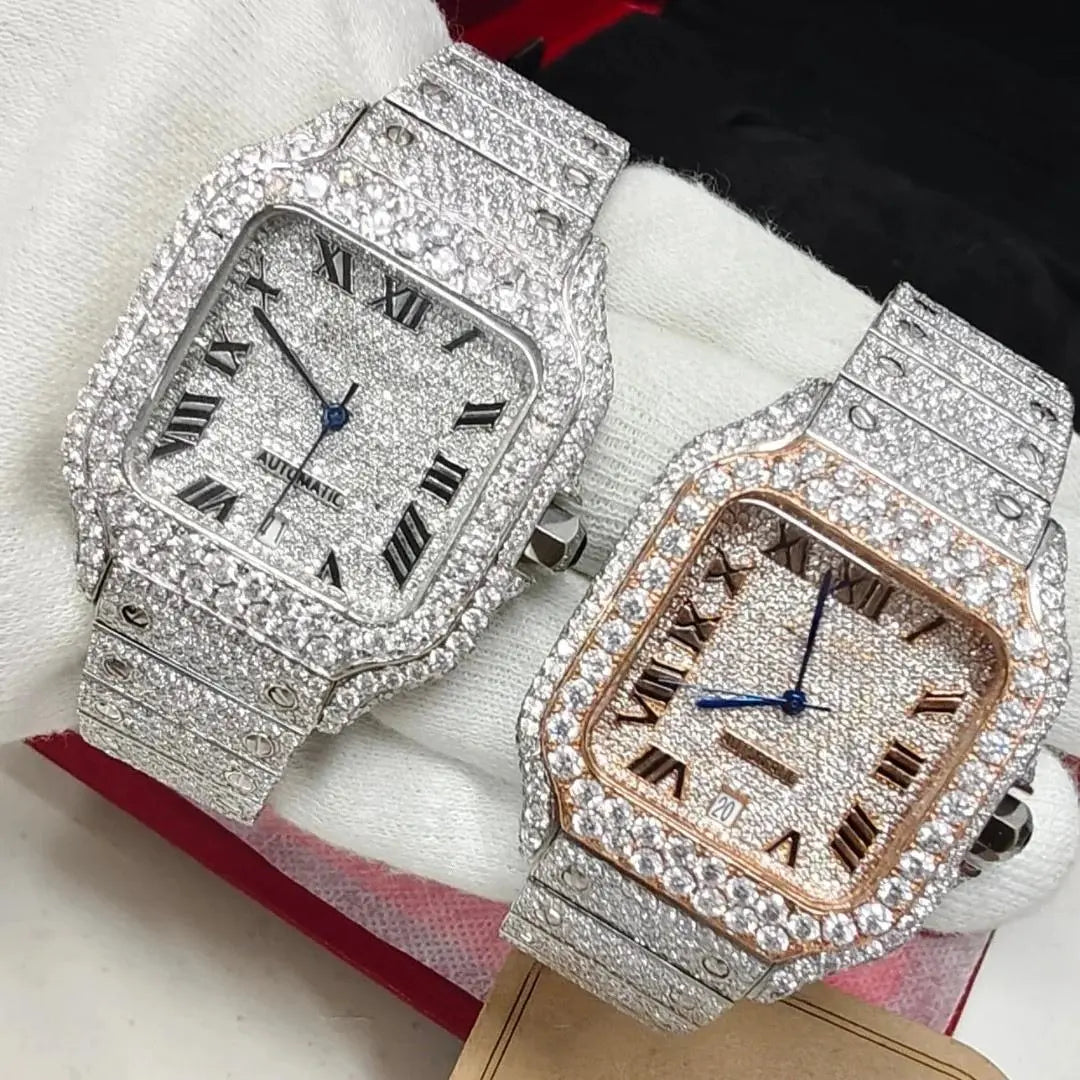 Cartier Santos Watch Fully Iced Out Rose Gold and White Gold Close Up Front View