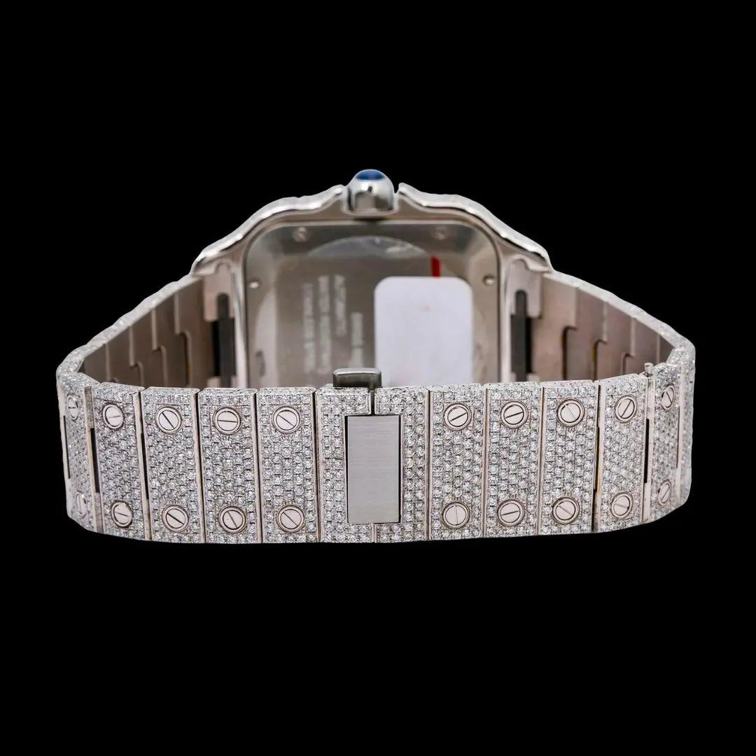 Cartier Santos White Dial Black Roman Numerals Two Tone Rose Gold Moissanite Watch Caseback View