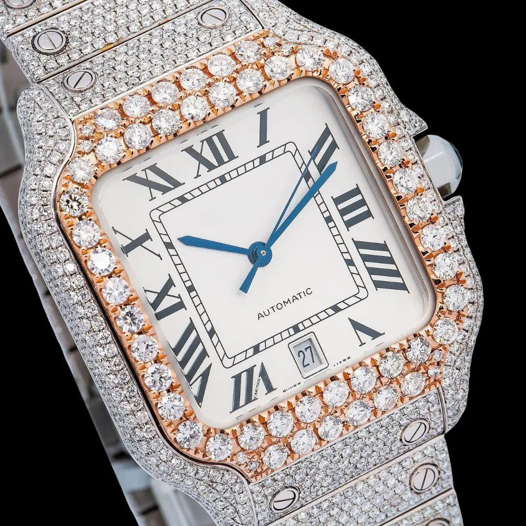 Cartier Santos White Dial Black Roman Numerals Two Tone Rose Gold Moissanite Watch Close Up Dial View