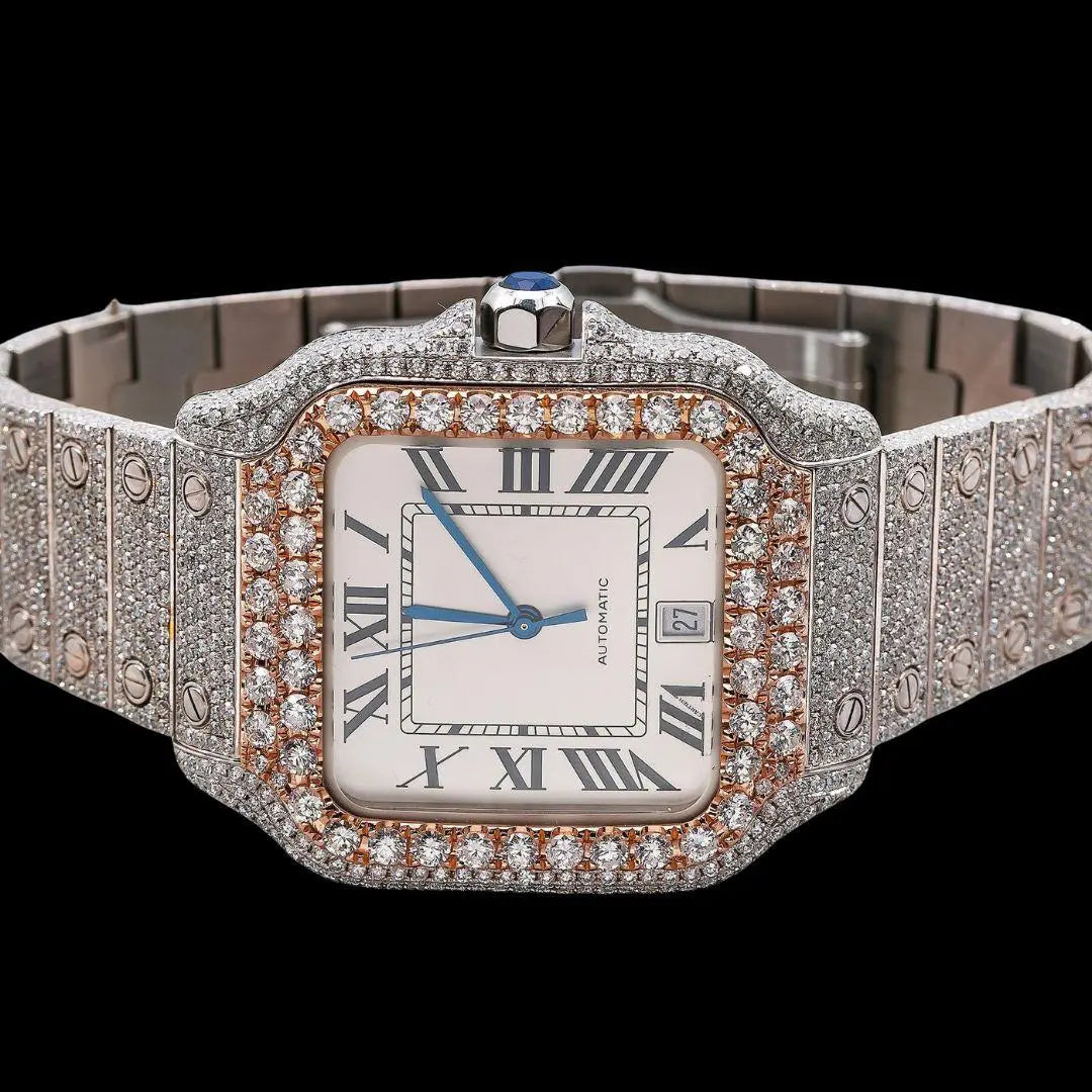 Cartier Santos White Dial Black Roman Numerals Two Tone Rose Gold Moissanite Watch Close Up Front View