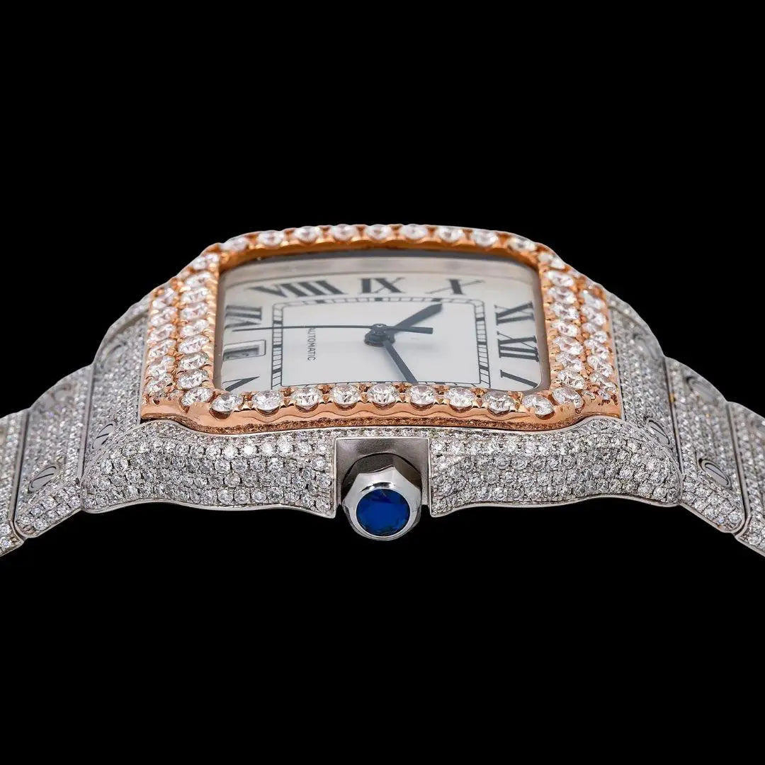Cartier Santos White Dial Black Roman Numerals Two Tone Rose Gold Moissanite Watch Crown View