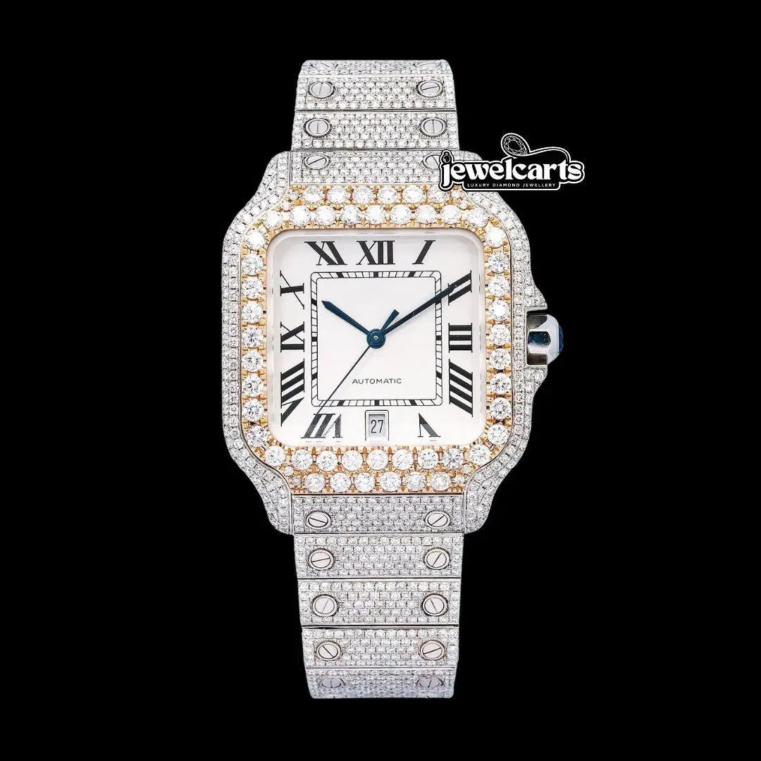 Cartier Santos White Dial Black Roman Numerals Two Tone Rose Gold Moissanite Watch Front View