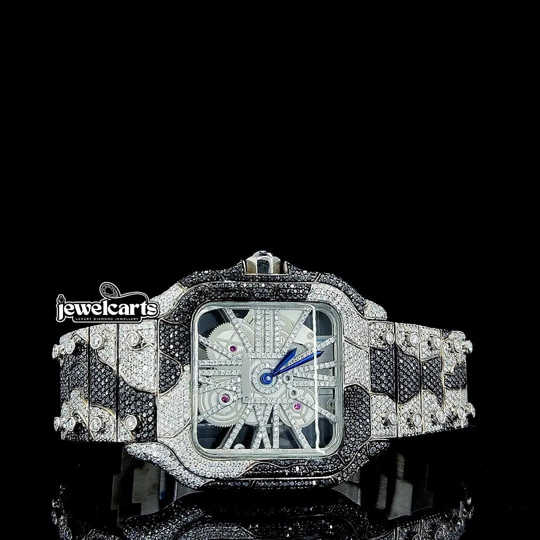 Cartier Skeleton Dial Black Camouflage Two Tone Iced Out Moissanite Watch Front View