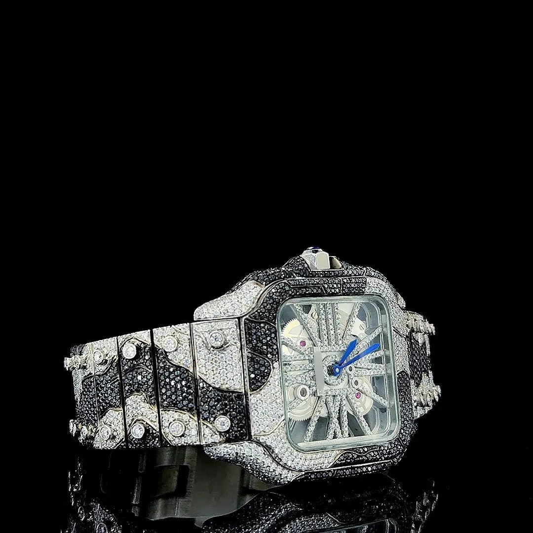 Cartier Skeleton Dial Black Camouflage Two Tone Iced Out Moissanite Watch Right Profile View