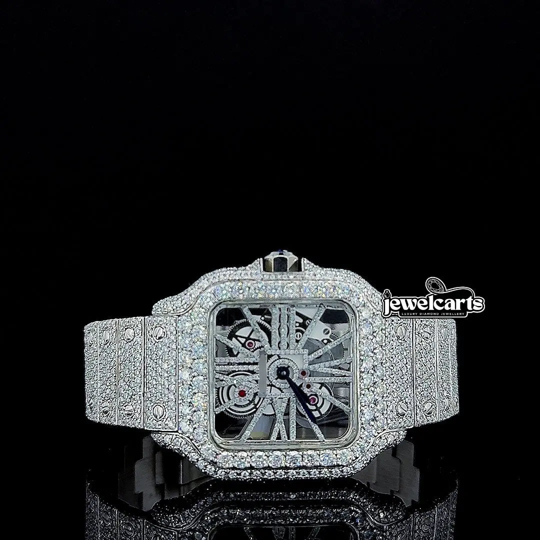Cartier Skeleton Dial Fully Iced Out Moissanite Diamond Watch Front View
