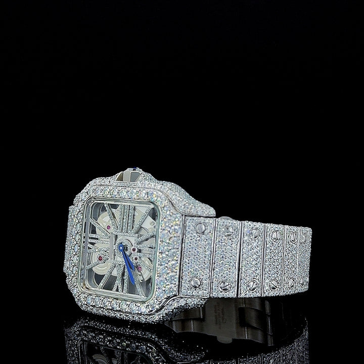 Cartier Skeleton Dial Fully Iced Out Moissanite Diamond Watch Left Profile View
