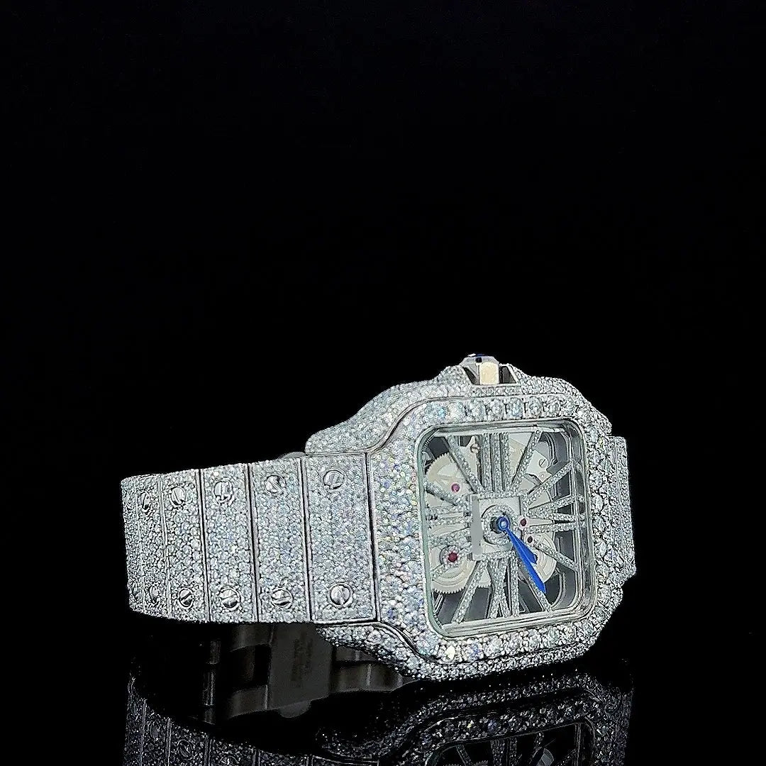 Cartier Skeleton Dial Fully Iced Out Moissanite Diamond Watch Right Profile View