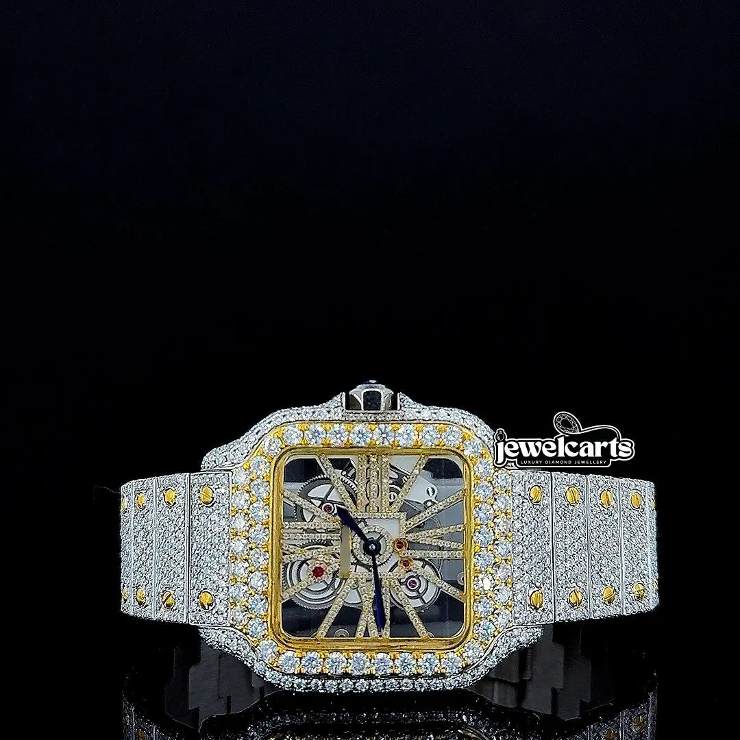 Cartier Skeleton Dial Two Tone Yellow Gold Fully Iced Out Moissanite Watch Front View