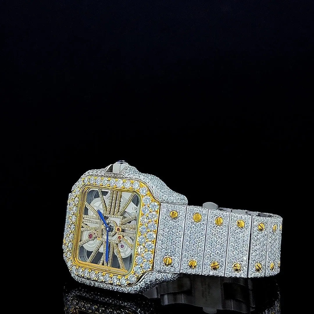 Cartier Skeleton Dial Two Tone Yellow Gold Fully Iced Out Moissanite Watch Left Profile View