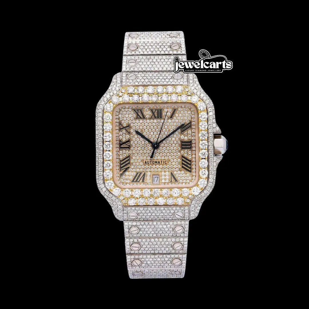 Champagne Roman Dial Cartier Santos Two Tone Yellow Gold Iced Out Moissanite Watch Front View