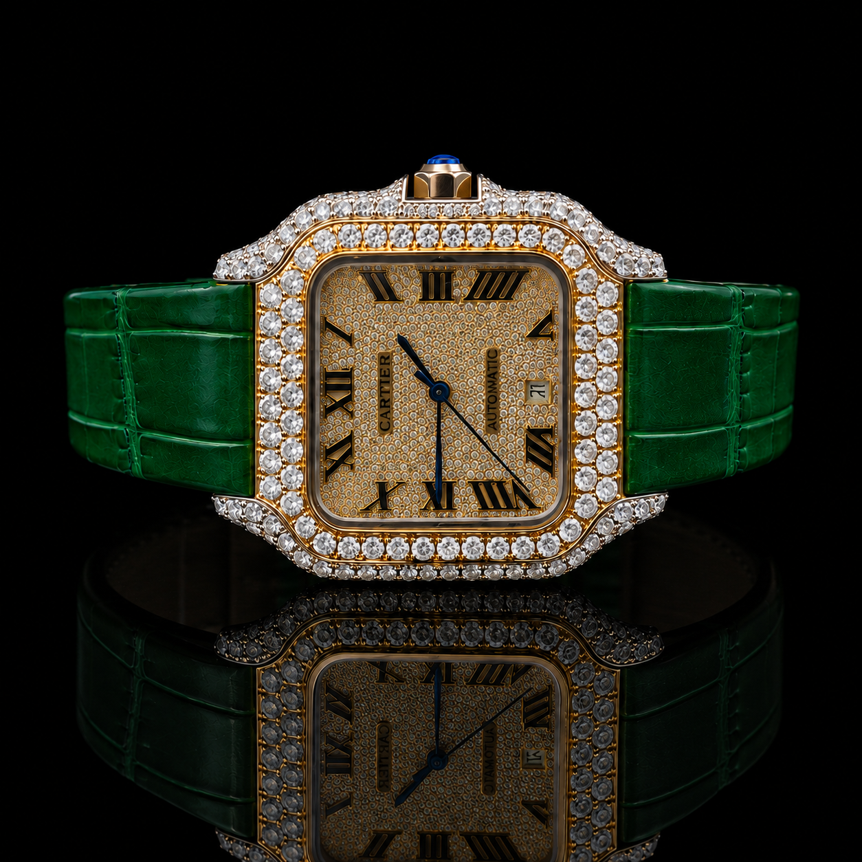 Cartier Santos Yellow Gold Roman Dial Green Leather Strap Semi Iced Out Moissanite Watch