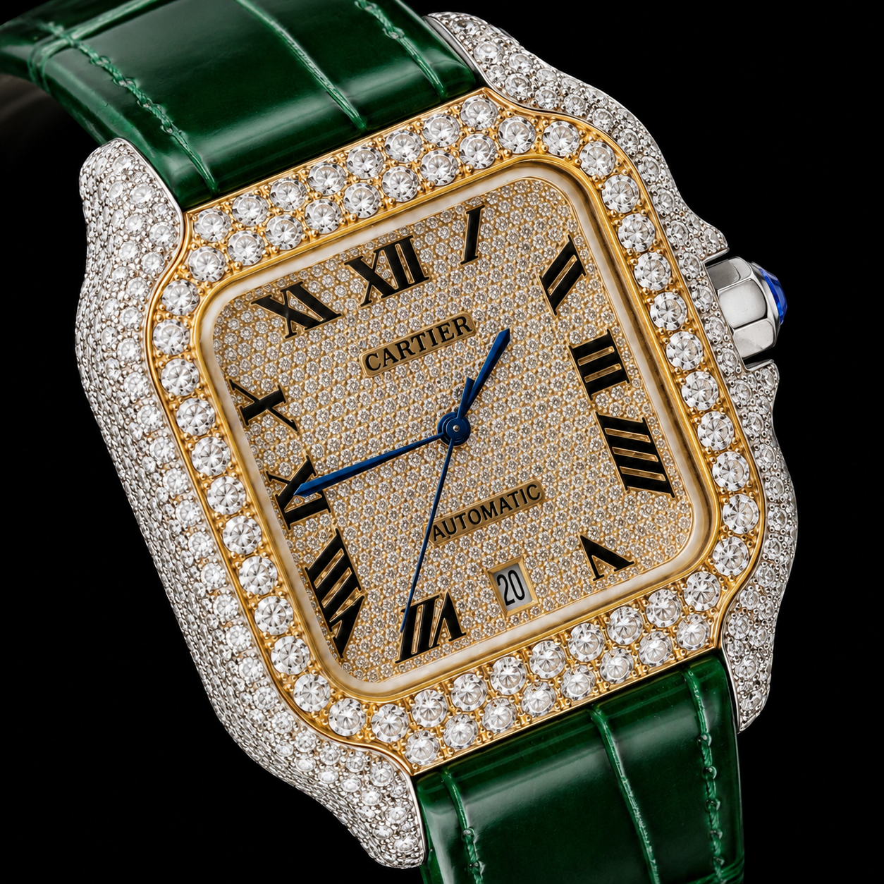 Cartier Santos Yellow Gold Roman Dial Green Leather Strap Semi Iced Out Moissanite Watch