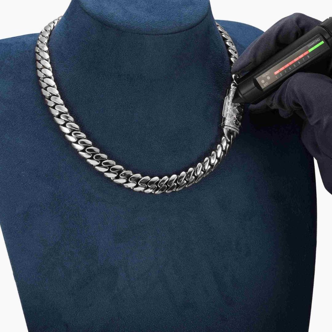 Custom Clasp 12MM Moissanite Miami Cuban Link Chain in 14K Gold Diamond Test View
