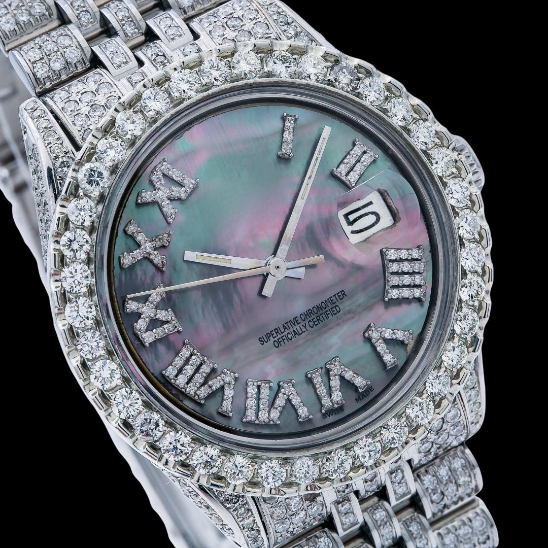 Datejust Rolex Black Pearl Roman Diamond Dial Jubilee Bracelet Fully Iced Out Moissanite Watch Close Up Dial View