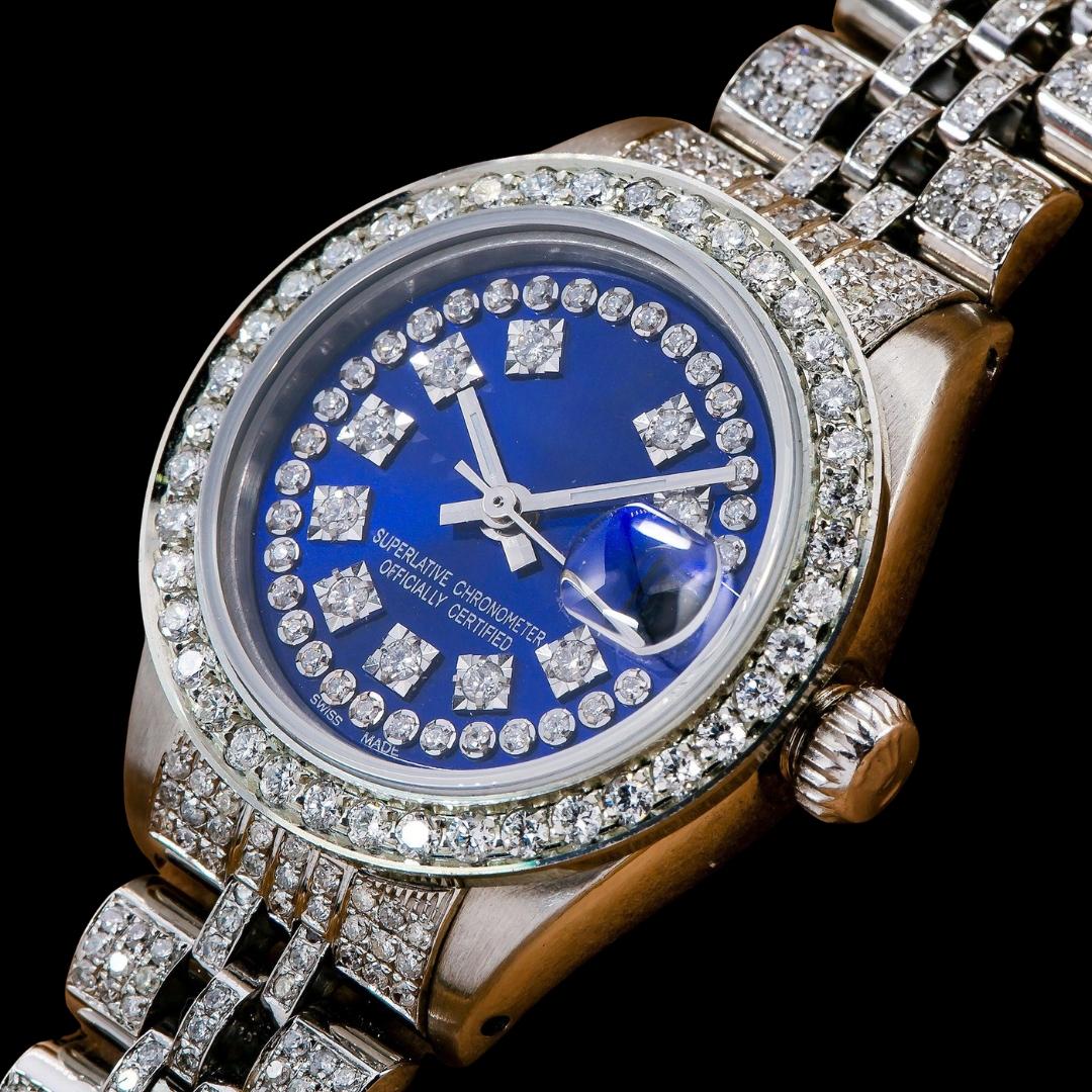 Datejust Rolex Blue Diamond Dial Fully Iced Out Jubilee Bracelet Moissanite Watch Close Up Front View