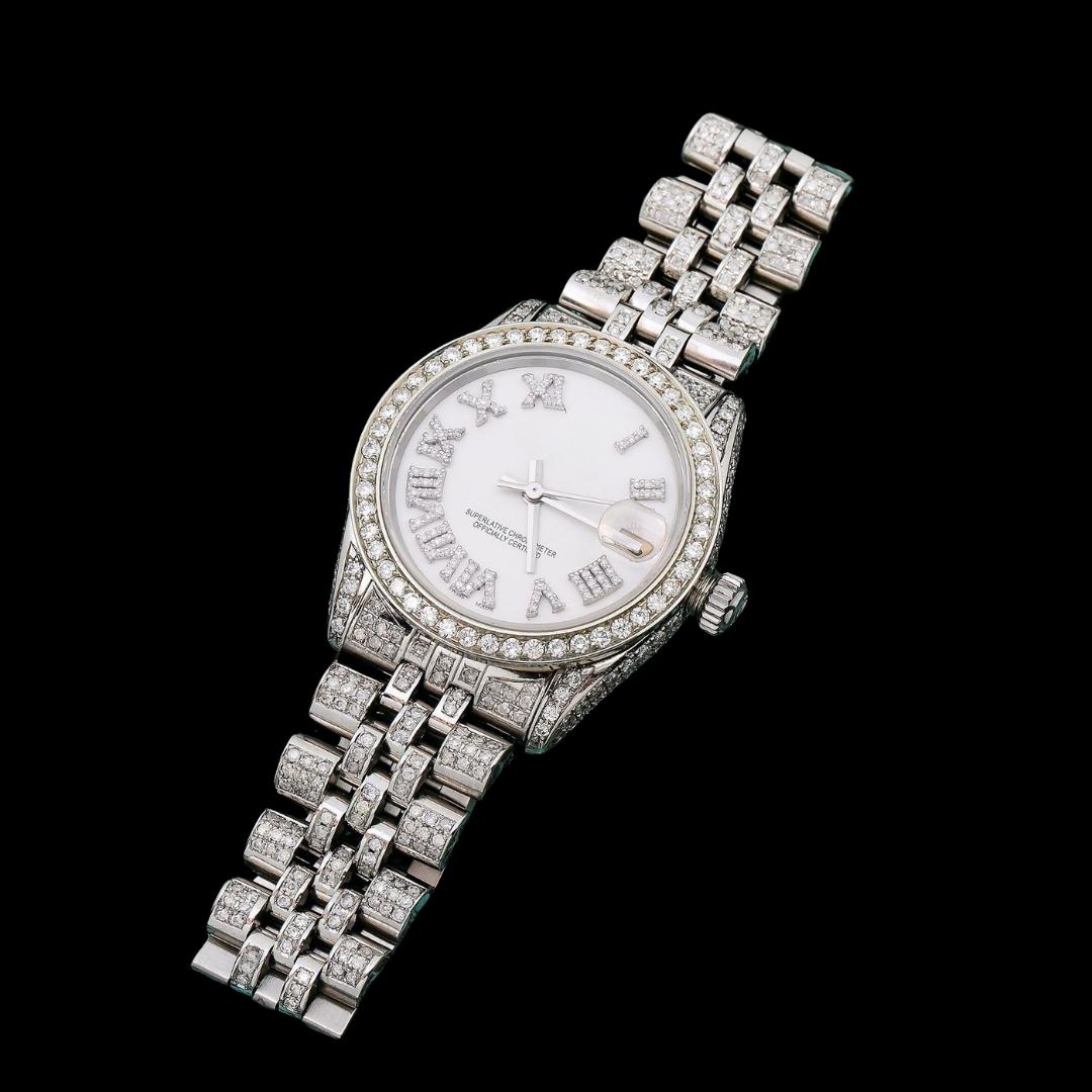 Datejust Rolex White Dial Diamond Roman Numerals Full Iced Out Jubilee Bracelet Moissanite Watch Close Up Front View