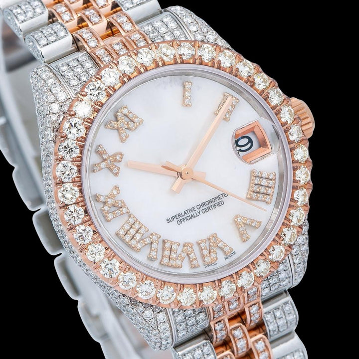 Datejust Rolex White Pearl Roman Diamond Dial Two Tone Rose Gold Jubilee Bracelet Iced Out Moissanite Watch Close Up Dial View