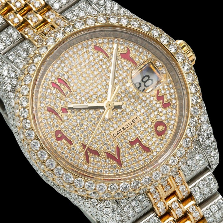 Datejust Rolex Yellow Gold Diamond Paved Dial Red Arabic Numerals Two Tone Jubilee Moissanite Watch Close Up Dial View