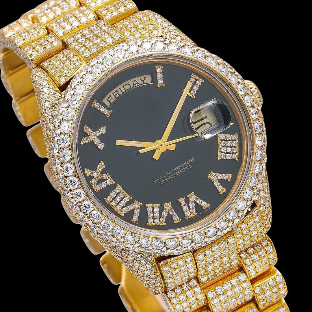 Day-Date Rolex Black Roman Dial Fully Iced Out Yellow Gold President Bracelet Moissanite Watch Close Up Dial View