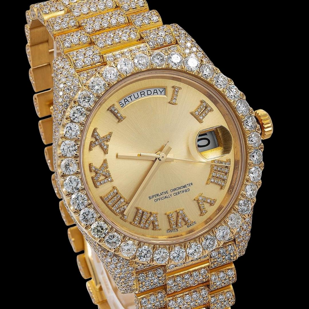 Day-Date Rolex Champagne Diamond Roman Dial Yellow Gold Iced Out President Bracelet Moissanite Watch Close Up Dial View