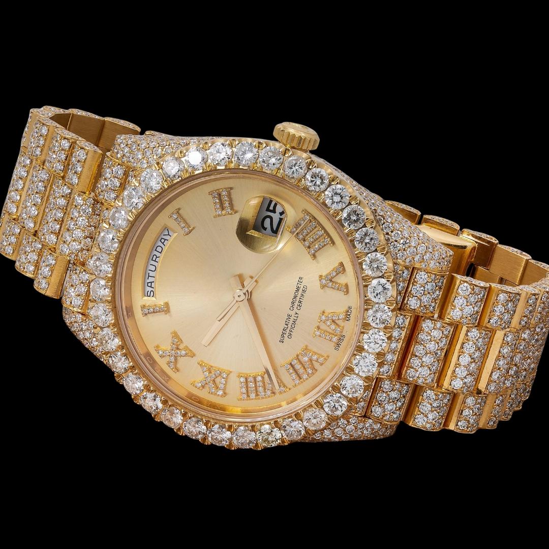 Day-Date Rolex Champagne Diamond Roman Dial Yellow Gold Iced Out President Bracelet Moissanite Watch Close Up Front View
