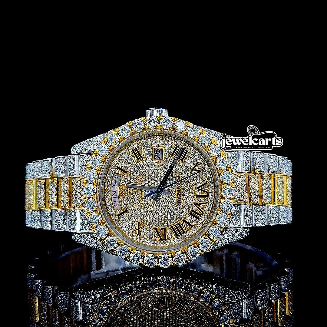 Day Date Rolex Roman Dial Two Tone Yellow Gold President Bracelet Moissanite Watch Front View