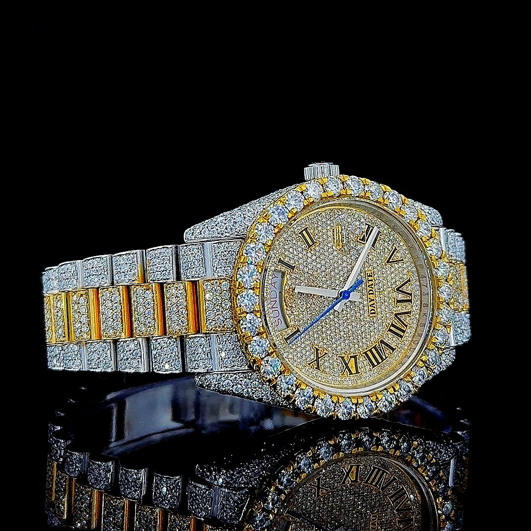 Day Date Rolex Roman Dial Two Tone Yellow Gold President Bracelet Moissanite Watch Right Profile View