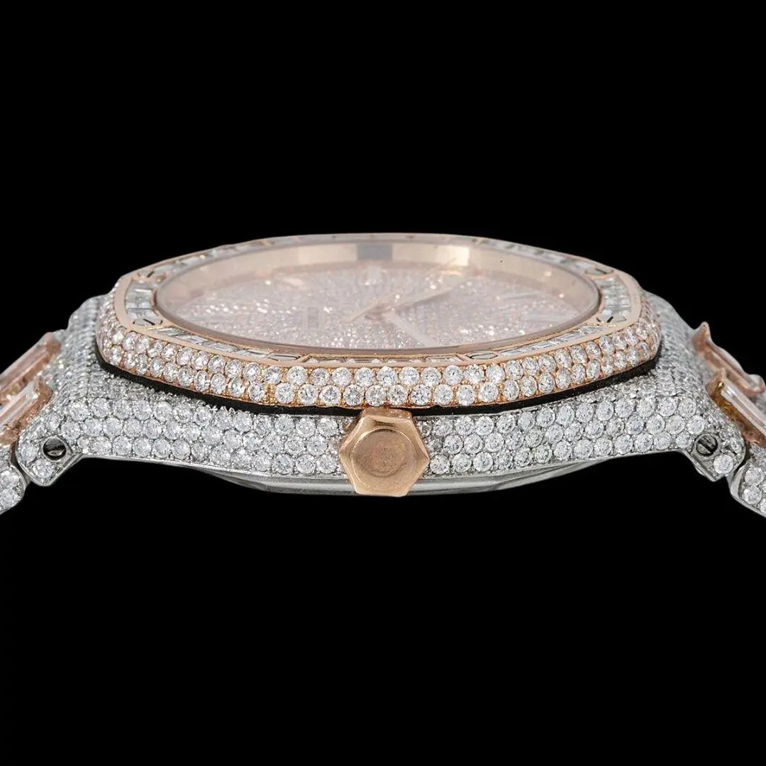 Diamond Markers Rose Gold Dial AP Royal Oak Fully Iced Out Two Tone Moissanite Watch Crown View