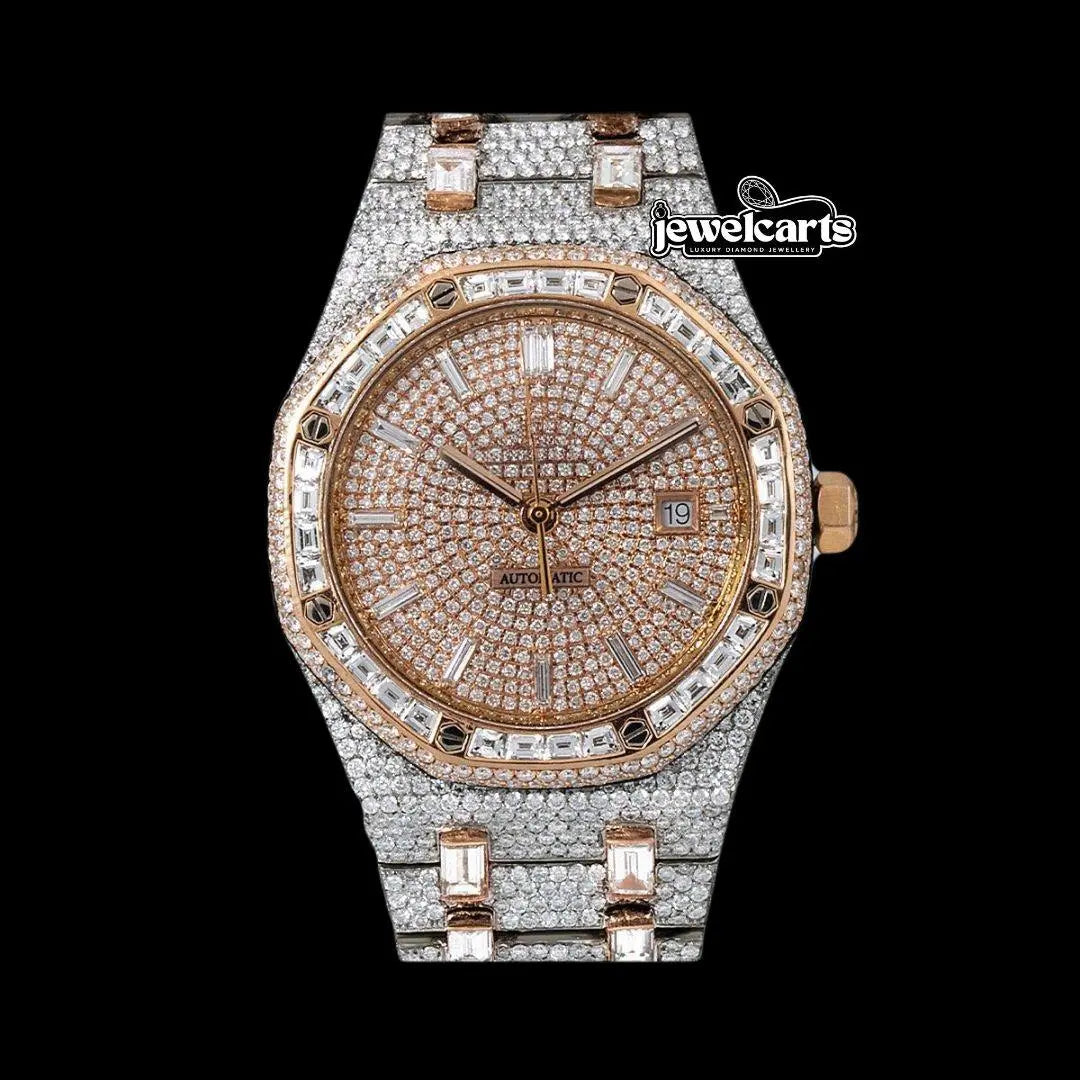 Diamond Markers Rose Gold Dial AP Royal Oak Fully Iced Out Two Tone Moissanite Watch Front View