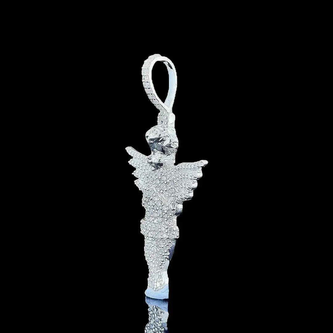 Iced Angel Wings Moissanite Pendant in 925 Sterling Silver Left Side Cross View