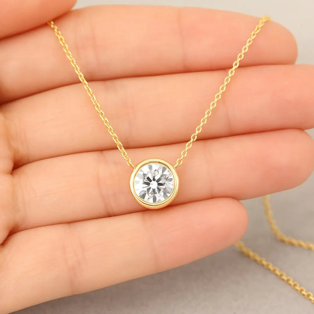 Moissanite 1.00 CT Round Cut Diamond Bezel Set Necklace Jewel Carts