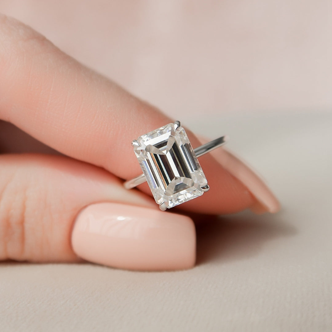 2.15 CT Emerald Cut Moissanite Diamond Hidden Halo Engagement Ring for Women