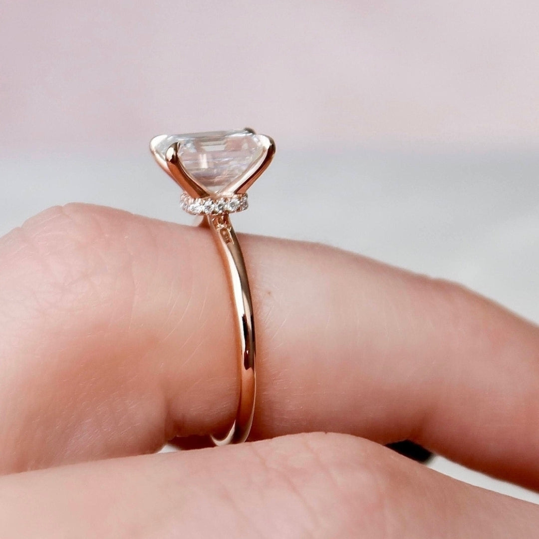 Exquisite Simplicity Hidden halo Emerald Cut Diamond Handmade Ring