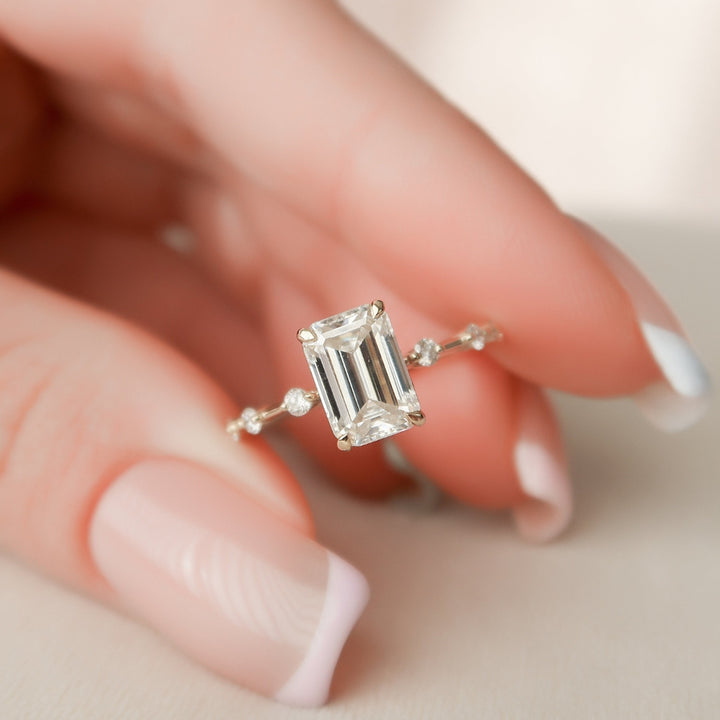 Exquisite Emerald Cut Moissanite Diamond Engagement Ring with Hidden Halo Timeless Elegance