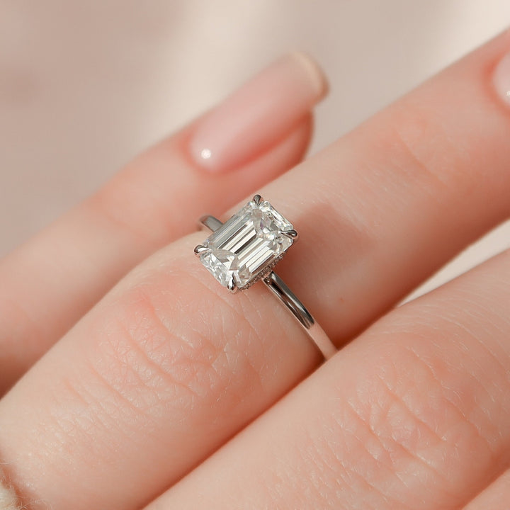 Iconic Beauty Emerald Cut Hidden halo Diamond Handmade Ring