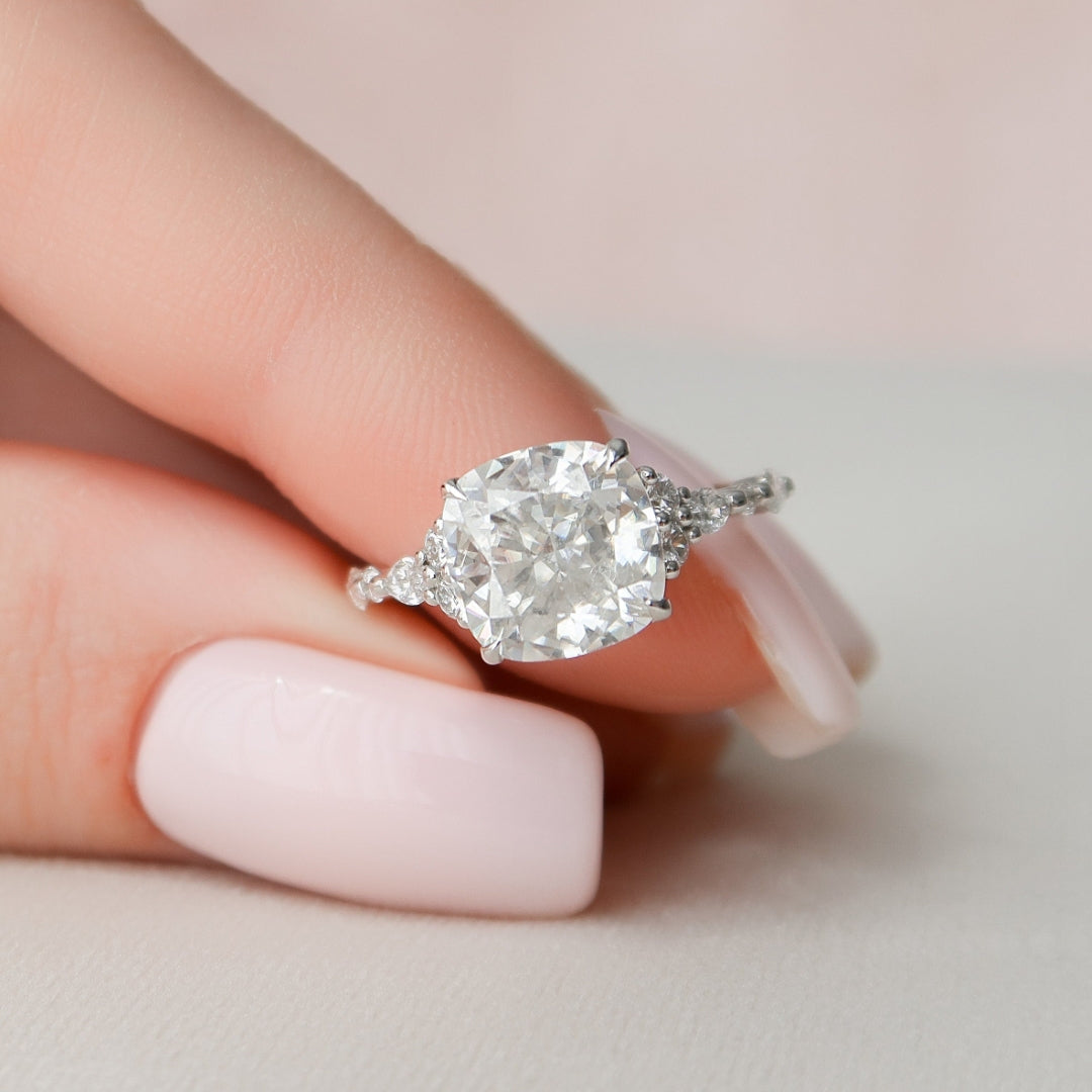 Pave Setting Diamond Ring Featuring a Cushion Cut Brilliance