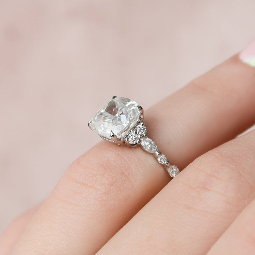 Pave Setting Diamond Ring Featuring a Cushion Cut Brilliance