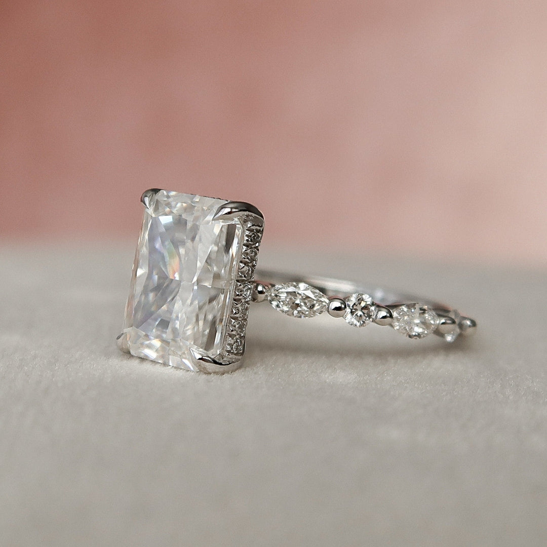 3.40 CT Radiant Cut Pave Setting Hidden Halo Moissanite Engagement Ring
