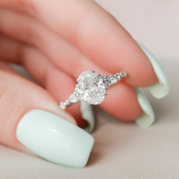 Graceful Side Stone, 2.55 CT Oval Cut Moissanite Wedding Ring
