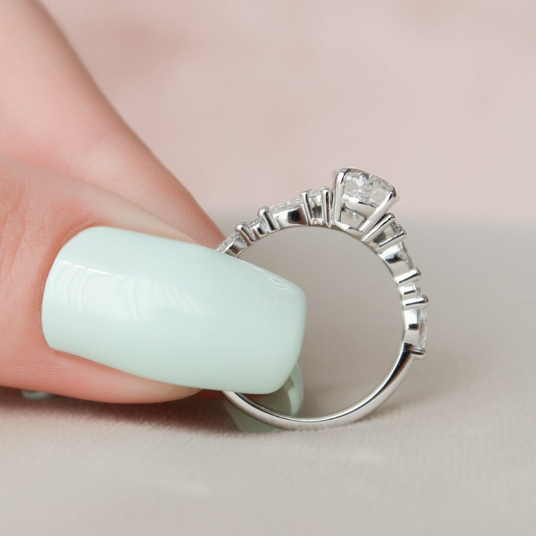 Graceful Side Stone, 2.55 CT Oval Cut Moissanite Wedding Ring