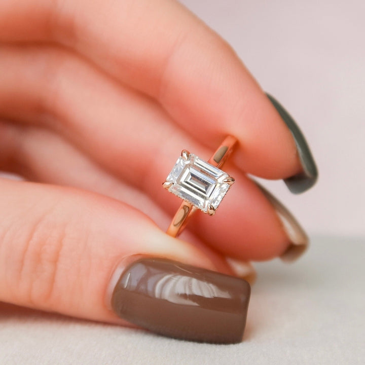 Emerald cut Single Claw Prong Setting Hidden Halo Moissanite Handmade Ring