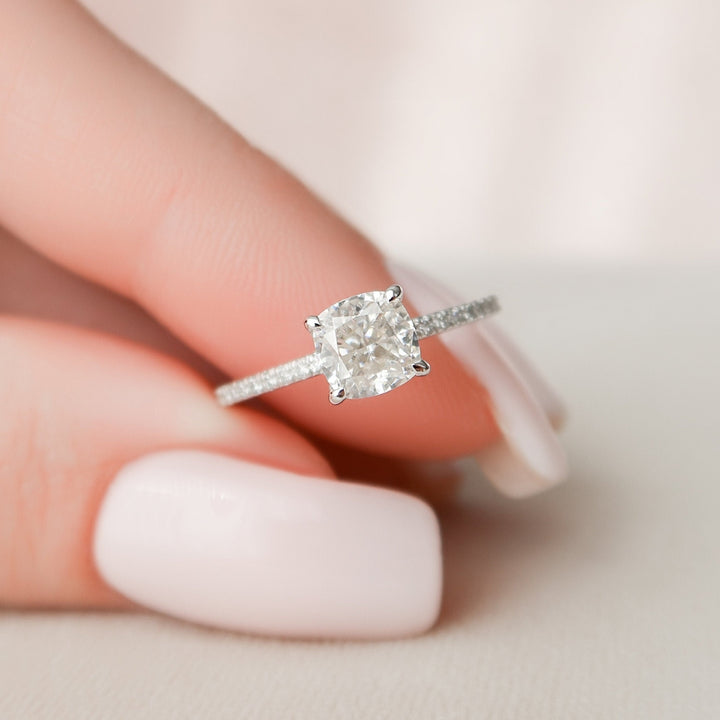 Hidden Halo Ring, 1.95 CT Cushion Cut and Round Cut Moissanite Engagement Ring