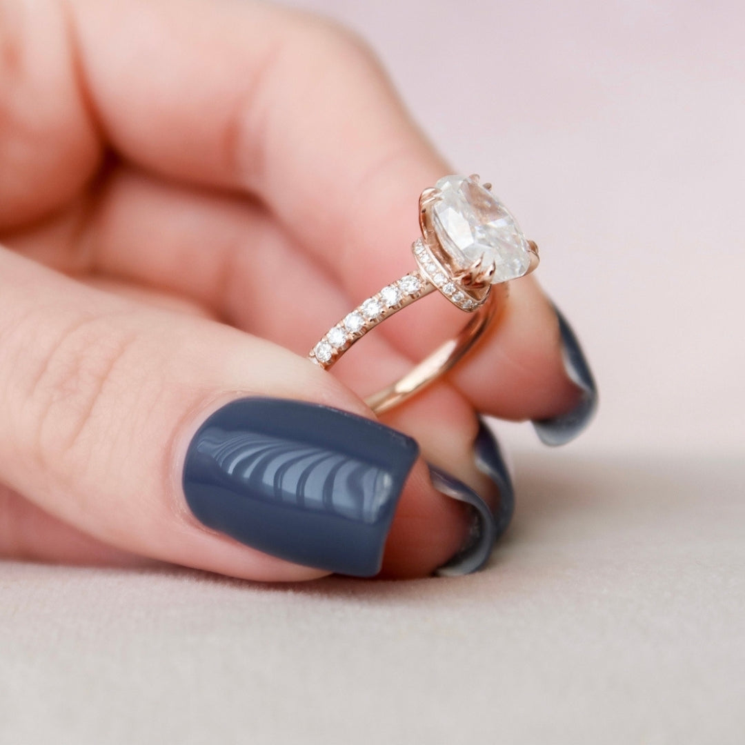 Oval Cut Engagement Ring, 1.73 CT Moissanite Hidden Halo Ring, Four Prong Ring