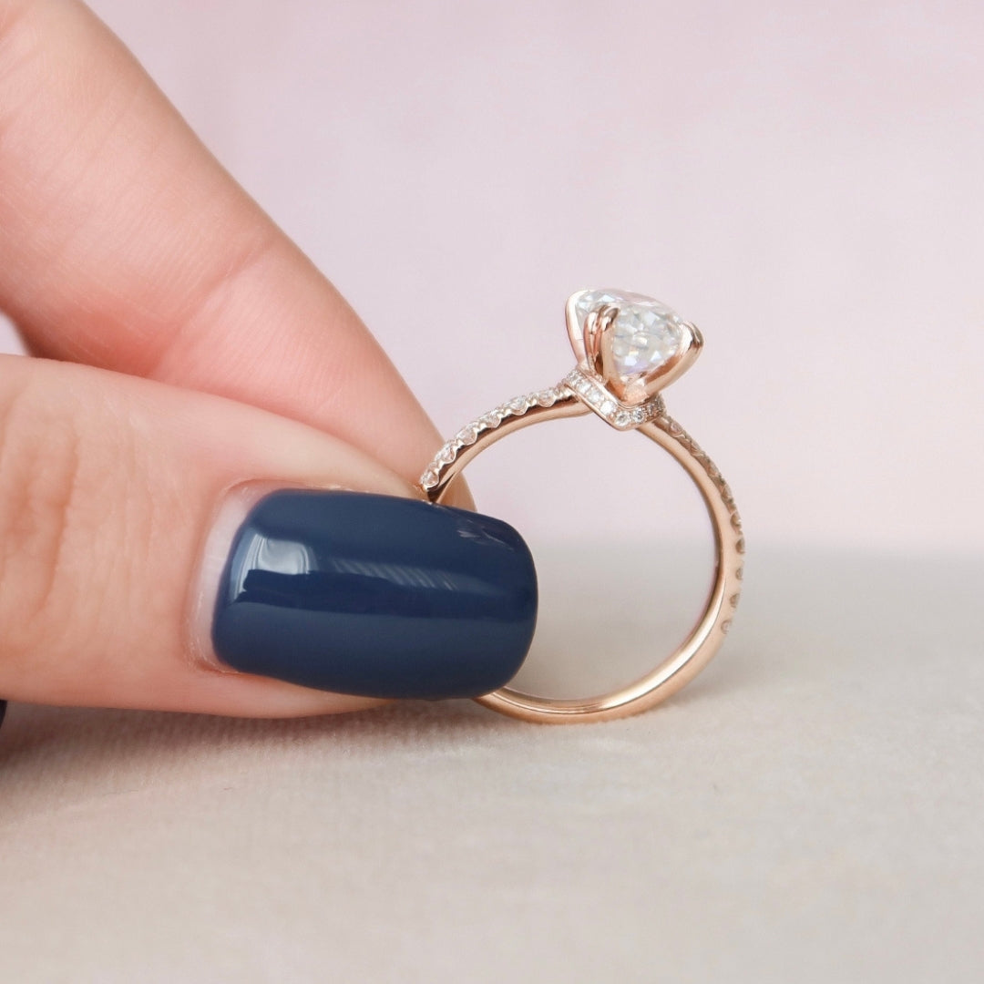 Oval Cut Engagement Ring, 1.73 CT Moissanite Hidden Halo Ring, Four Prong Ring